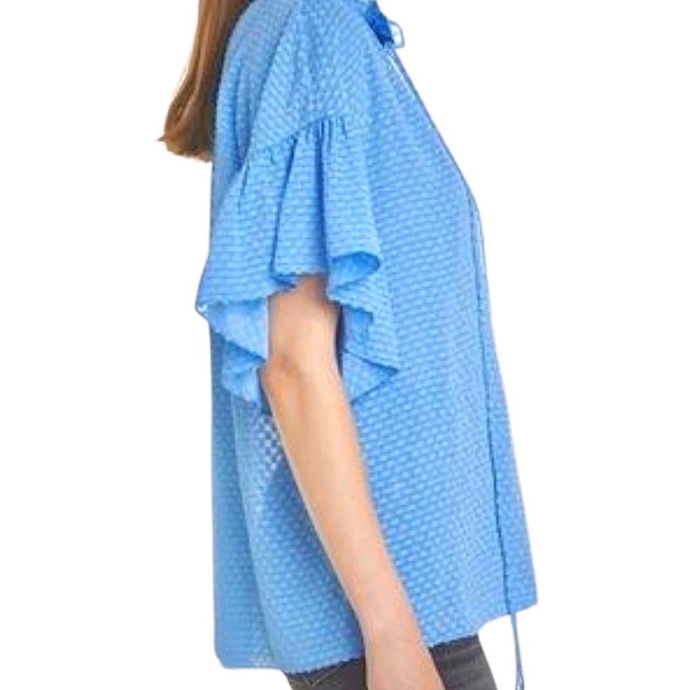 ALICE + OLIVIA Julius Ruffle Peasant Blouse Blue Top Solid Swiss
Dot‎ Ties - Picture 10 of 16
